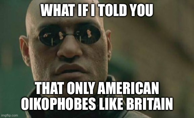 Oikophobic nonsense | WHAT IF I TOLD YOU; THAT ONLY AMERICAN OIKOPHOBES LIKE BRITAIN | image tagged in memes,matrix morpheus | made w/ Imgflip meme maker