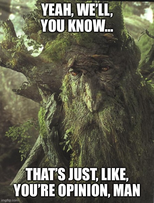 Tree Beard | YEAH, WE’LL, YOU KNOW…; THAT’S JUST, LIKE, YOU’RE OPINION, MAN | image tagged in tree beard | made w/ Imgflip meme maker