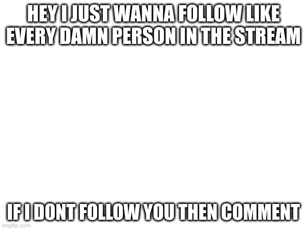 HEY I JUST WANNA FOLLOW LIKE EVERY DAMN PERSON IN THE STREAM; IF I DONT FOLLOW YOU THEN COMMENT | made w/ Imgflip meme maker