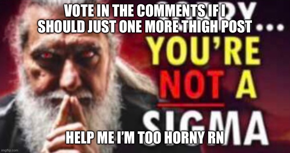 *sigmas your skibidi cutely* | VOTE IN THE COMMENTS IF I SHOULD JUST ONE MORE THIGH POST; HELP ME I’M TOO HORNY RN | image tagged in you re not a sigma | made w/ Imgflip meme maker