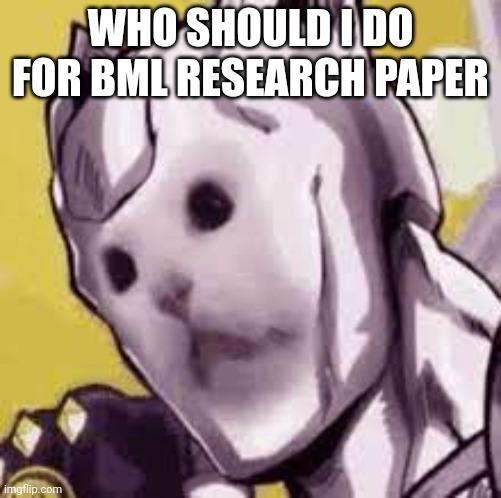 Killer cat | WHO SHOULD I DO FOR BML RESEARCH PAPER | image tagged in killer cat | made w/ Imgflip meme maker