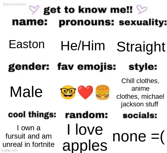Know me! | Easton; He/Him; Straight; 🤓❤️🍔; Chill clothes, anime clothes, michael jackson stuff; Male; none =(; I love apples; I own a fursuit and am unreal in fortnite | image tagged in get to know me but better | made w/ Imgflip meme maker