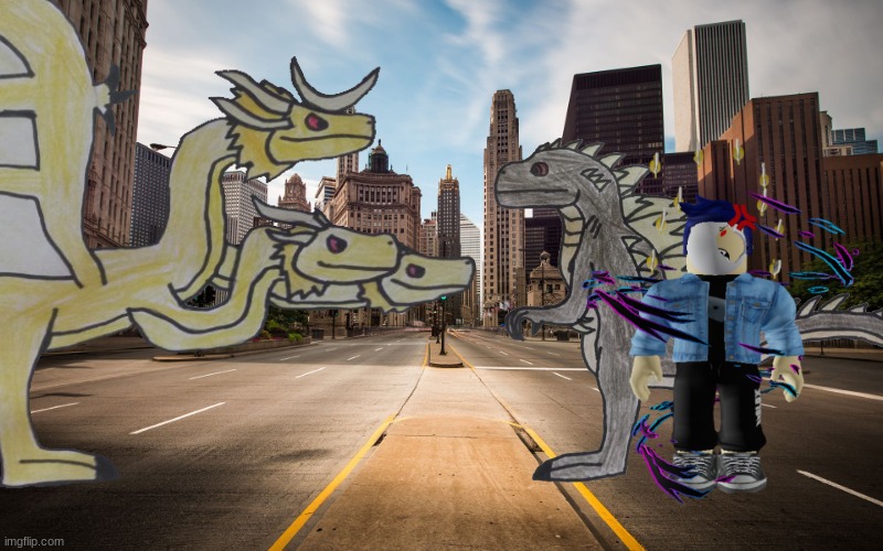 Godzilla (PaleoGoji) and Blook vs King Ghidorah (Monster Zero).mp3 | image tagged in empty city street | made w/ Imgflip meme maker