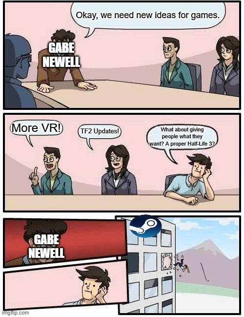 Boardroom Meeting Suggestion Meme | Okay, we need new ideas for games. GABE NEWELL; More VR! TF2 Updates! What about giving people what they want? A proper Half-Life 3? GABE NEWELL | image tagged in memes,boardroom meeting suggestion,half life 3,half life 2,half life alyx,half life | made w/ Imgflip meme maker