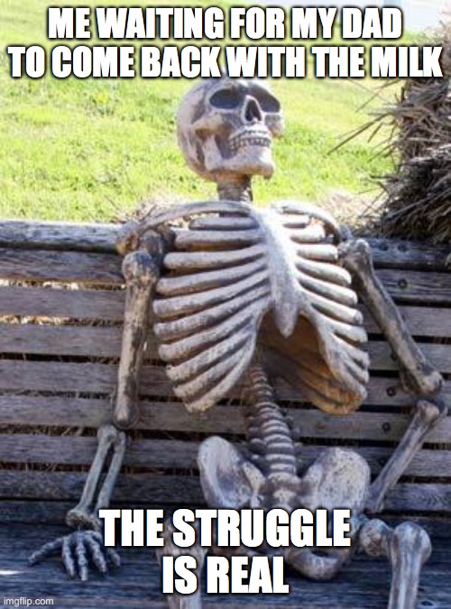 The Struggle IS real | ME WAITING FOR MY DAD TO COME BACK WITH THE MILK; THE STRUGGLE IS REAL | image tagged in memes,waiting skeleton | made w/ Imgflip meme maker