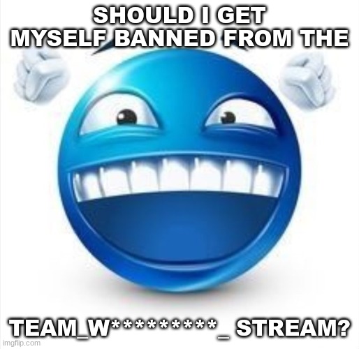 idk, if you guys don't want me to I won't | SHOULD I GET MYSELF BANNED FROM THE; TEAM_W*********_ STREAM? | image tagged in laughing blue guy | made w/ Imgflip meme maker