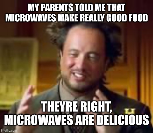 Kitchen appliances are delicious | MY PARENTS TOLD ME THAT MICROWAVES MAKE REALLY GOOD FOOD; THEYRE RIGHT, MICROWAVES ARE DELICIOUS | image tagged in history guy funny | made w/ Imgflip meme maker