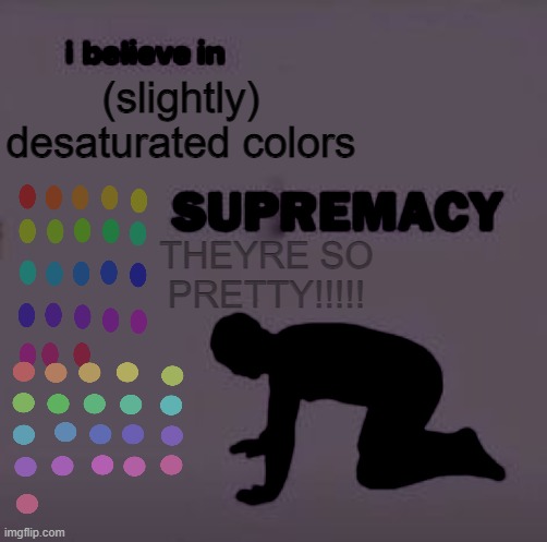 prretty colors | (slightly) desaturated colors; THEYRE SO PRETTY!!!!! | image tagged in i believe in supremacy | made w/ Imgflip meme maker
