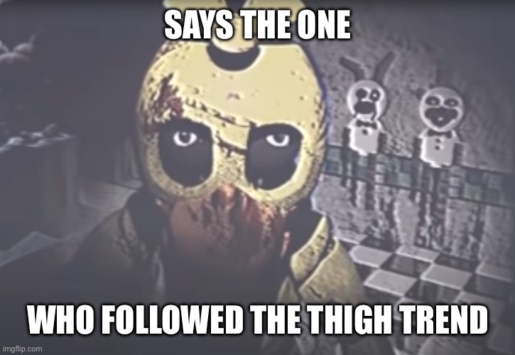 Withered Chica staring | SAYS THE ONE WHO FOLLOWED THE THIGH TREND | image tagged in withered chica staring | made w/ Imgflip meme maker