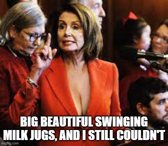 Lipstick on a pig | BIG BEAUTIFUL SWINGING MILK JUGS, AND I STILL COULDN'T | image tagged in nancy pelosi,pelosi,good old nancy pelosi,tits,big tits,bouncing tits | made w/ Imgflip meme maker