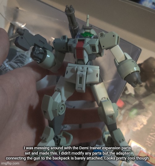 Demi heavyarms | I was messing around with the Demi trainer expansion parts set and made this. I didn't modify any parts but the adapter connecting the gun to the backpack is barely attached. Looks pretty cool though | made w/ Imgflip meme maker