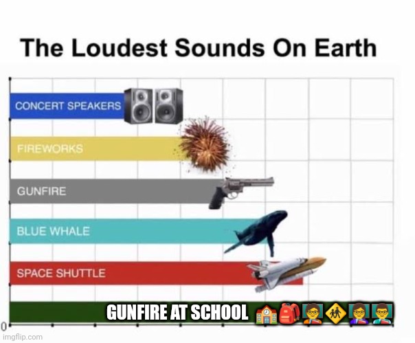 The Loudest Sounds on Earth | GUNFIRE AT SCHOOL  🏫🎒🧑‍🏫🚸👩‍🏫👨‍🏫 | image tagged in the loudest sounds on earth | made w/ Imgflip meme maker
