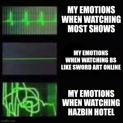 It's been a wild ride, and I enjoyed every second of it! | MY EMOTIONS WHEN WATCHING MOST SHOWS; MY EMOTIONS WHEN WATCHING BS LIKE SWORD ART ONLINE; MY EMOTIONS WHEN WATCHING HAZBIN HOTEL | image tagged in heart monitor,hazbin hotel | made w/ Imgflip meme maker