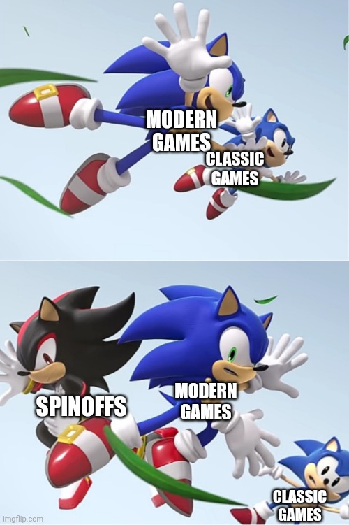 Basically Team Sonic | MODERN
GAMES; CLASSIC
GAMES; MODERN
GAMES; SPINOFFS; CLASSIC
GAMES | image tagged in shadow cross the title screen | made w/ Imgflip meme maker