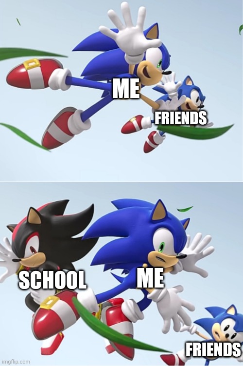 Life | FRIENDS; ME; SCHOOL; ME; FRIENDS | image tagged in shadow cross the title screen | made w/ Imgflip meme maker