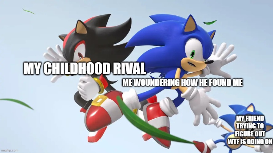 sonic x shadow gen screenshot | MY CHILDHOOD RIVAL; ME WOUNDERING HOW HE FOUND ME; MY FRIEND TRYING TO FIGURE OUT WTF IS GOING ON | image tagged in sonic x shadow gen screenshot | made w/ Imgflip meme maker