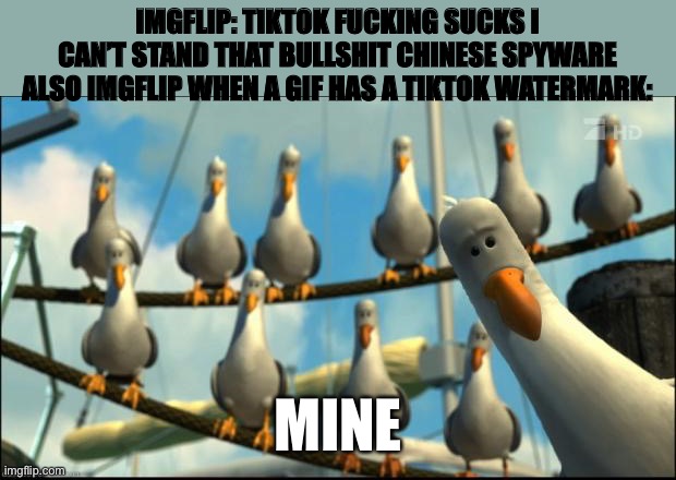 Imgflip user slander 2 (alt title: they also upvote it) | IMGFLIP: TIKTOK FUCKING SUCKS I CAN’T STAND THAT BULLSHIT CHINESE SPYWARE
ALSO IMGFLIP WHEN A GIF HAS A TIKTOK WATERMARK:; MINE | image tagged in nemo seagulls mine | made w/ Imgflip meme maker