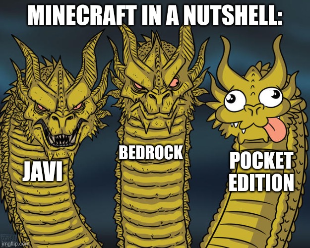 Minecraft | MINECRAFT IN A NUTSHELL:; BEDROCK; POCKET EDITION; JAVI | image tagged in three-headed dragon | made w/ Imgflip meme maker