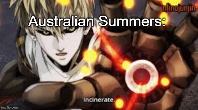 It's so hot for no reason | Australian Summers: | image tagged in incinerate,summer,australia | made w/ Imgflip meme maker
