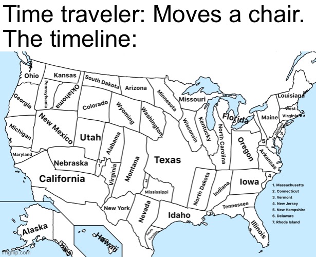 Map of the United States. | Time traveler: Moves a chair.
The timeline: | image tagged in map of the united states | made w/ Imgflip meme maker