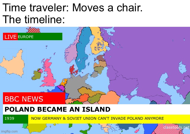Poland Became An Island | Time traveler: Moves a chair.
The timeline: | image tagged in poland became an island | made w/ Imgflip meme maker