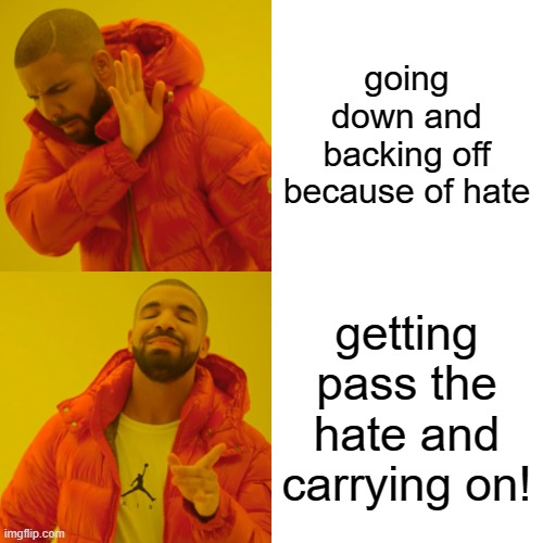 Drake Hotline Bling Meme | going down and backing off because of hate getting pass the hate and carrying on! | image tagged in memes,drake hotline bling | made w/ Imgflip meme maker