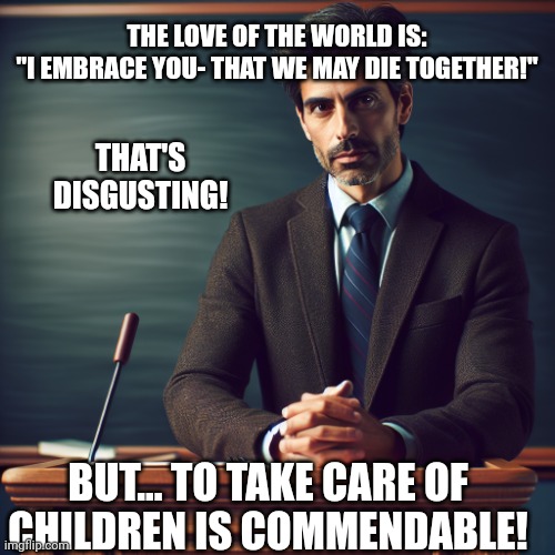 The Love of the World is Disgusting 01 | THE LOVE OF THE WORLD IS:
"I EMBRACE YOU- THAT WE MAY DIE TOGETHER!"; THAT'S
DISGUSTING! BUT... TO TAKE CARE OF
CHILDREN IS COMMENDABLE! | image tagged in dr carlos castaneda on a lectern ai,love of the world,die together,suicide pact | made w/ Imgflip meme maker