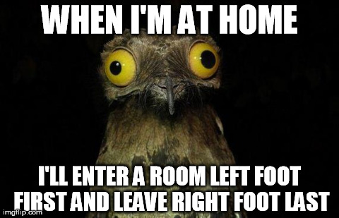 Weird Stuff I Do Potoo | WHEN I'M AT HOME I'LL ENTER A ROOM LEFT FOOT FIRST AND LEAVE RIGHT FOOT LAST | image tagged in memes,weird stuff i do potoo | made w/ Imgflip meme maker