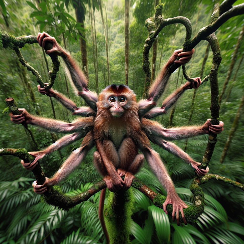 a 6 arms monkey holding from 6 diferent branches Blank Meme Template
