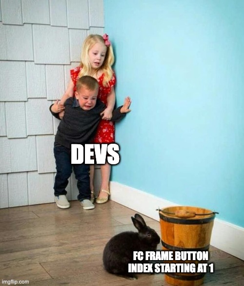 Farcaster devs and button index on frame s | DEVS; FC FRAME BUTTON INDEX STARTING AT 1 | image tagged in children scared of rabbit | made w/ Imgflip meme maker