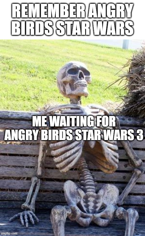 Waiting Skeleton | REMEMBER ANGRY BIRDS STAR WARS; ME WAITING FOR ANGRY BIRDS STAR WARS 3 | image tagged in memes,waiting skeleton | made w/ Imgflip meme maker