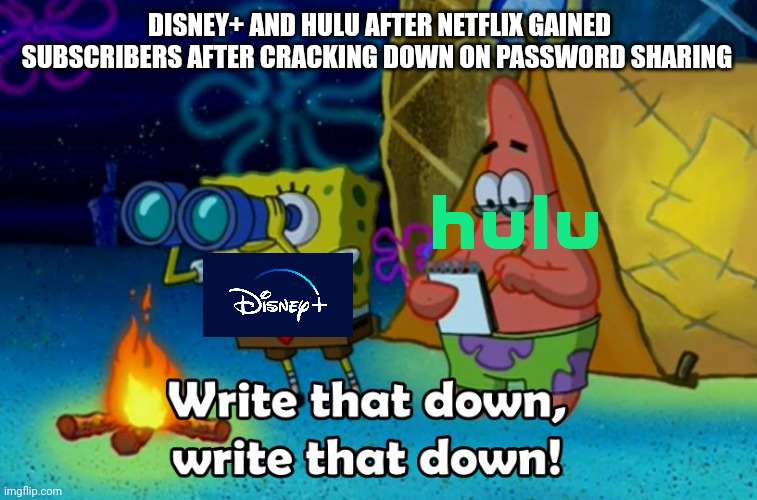 we're in for a rude awakening :( | DISNEY+ AND HULU AFTER NETFLIX GAINED SUBSCRIBERS AFTER CRACKING DOWN ON PASSWORD SHARING | image tagged in write that down,streaming,disney,fun,memes,meme | made w/ Imgflip meme maker