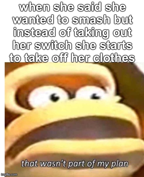 That wasn't part of my plan | when she said she wanted to smash but instead of taking out her switch she starts to take off her clothes | image tagged in that wasn't part of my plan | made w/ Imgflip meme maker