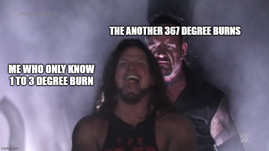 i wish i could had not think about that and i meant 357 not 367 | THE ANOTHER 367 DEGREE BURNS; ME WHO ONLY KNOW 1 TO 3 DEGREE BURN | image tagged in undertaker teleports behind aj styles | made w/ Imgflip meme maker