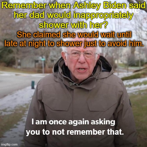 Bernie I Am Once Again Asking For Your Support | Remember when Ashley Biden said
her dad would inappropriately
shower with her? She claimed she would wait until late at night to shower just to avoid him. you to not remember that. | image tagged in bernie i am once again asking for your support,politics,democrats,pedophile,joe biden,maga | made w/ Imgflip meme maker