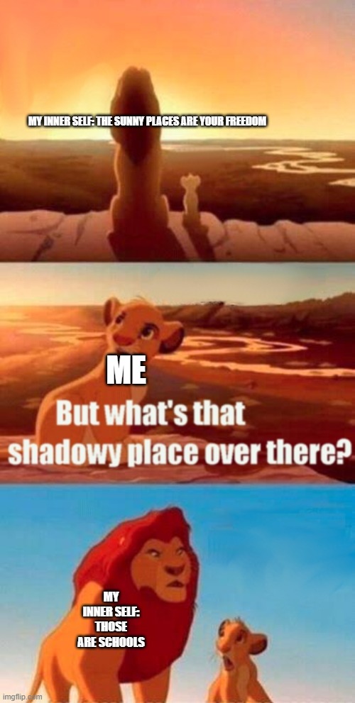 Schools be like | MY INNER SELF: THE SUNNY PLACES ARE YOUR FREEDOM; ME; MY INNER SELF: THOSE ARE SCHOOLS | image tagged in memes,simba shadowy place | made w/ Imgflip meme maker