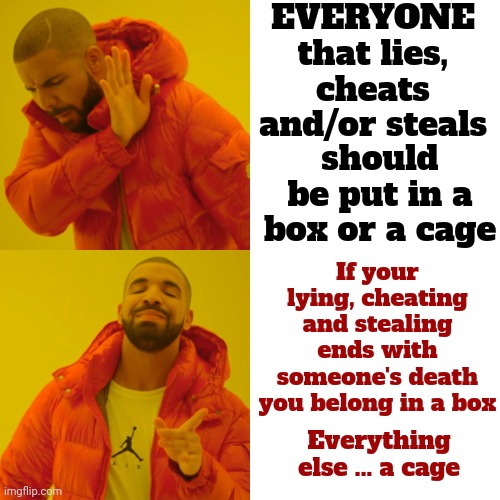 Liars. Cheaters. Thieves. | EVERYONE that lies, cheats and/or steals; should be put in a box or a cage; If your lying, cheating and stealing ends with someone's death you belong in a box; Everything else ... a cage | image tagged in memes,drake hotline bling,lazy,liars,cheaters,thieves | made w/ Imgflip meme maker