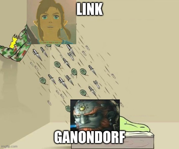 soldier attacking child | LINK; GANONDORF | image tagged in soldier attacking child | made w/ Imgflip meme maker