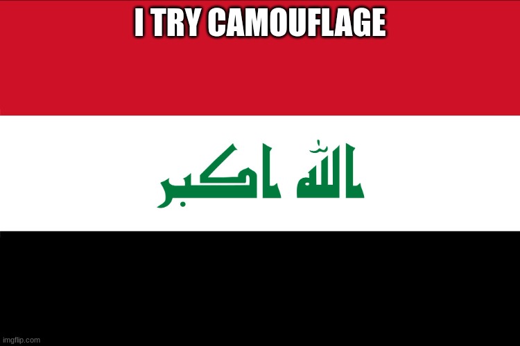 Flag of Iraq | I TRY CAMOUFLAGE | image tagged in flag of iraq | made w/ Imgflip meme maker