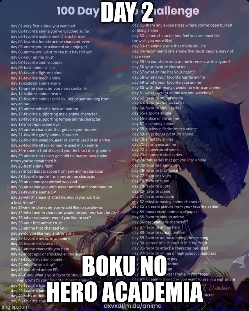 day 2 | DAY 2; BOKU NO HERO ACADEMIA | image tagged in 100 day anime challenge,mha,anime | made w/ Imgflip meme maker