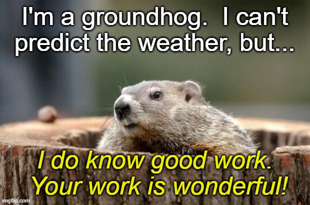 Groundhog | I'm a groundhog.  I can't predict the weather, but... I do know good work.  Your work is wonderful! | image tagged in groundhog | made w/ Imgflip meme maker