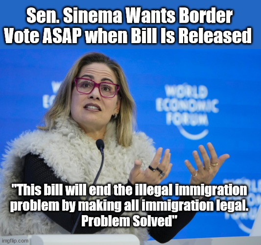 Problem Solved | Sen. Sinema Wants Border Vote ASAP when Bill Is Released; "This bill will end the illegal immigration 
problem by making all immigration legal.
Problem Solved" | image tagged in idiocracy,liberal logic | made w/ Imgflip meme maker