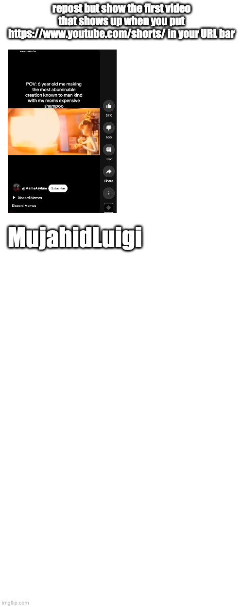 repost but show the first video that shows up when you put https://www.youtube.com/shorts/ in your URL bar; MujahidLuigi | made w/ Imgflip meme maker