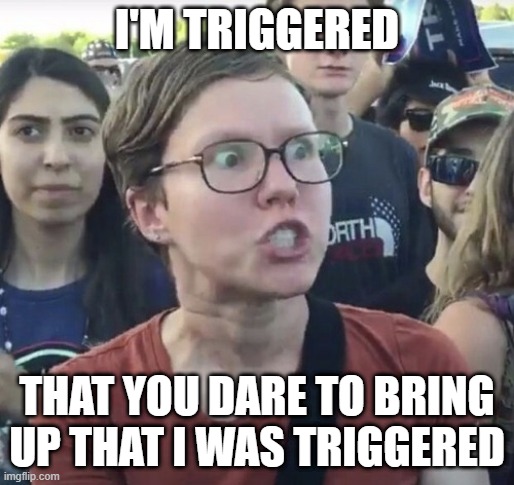 Triggered feminist | I'M TRIGGERED THAT YOU DARE TO BRING UP THAT I WAS TRIGGERED | image tagged in triggered feminist | made w/ Imgflip meme maker