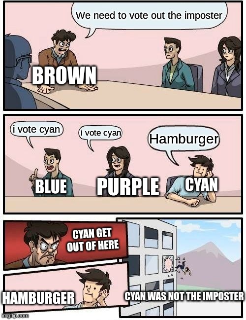 among us in real life | We need to vote out the imposter; BROWN; i vote cyan; i vote cyan; Hamburger; PURPLE; CYAN; BLUE; CYAN GET OUT OF HERE; HAMBURGER; CYAN WAS NOT THE IMPOSTER | image tagged in memes,boardroom meeting suggestion | made w/ Imgflip meme maker