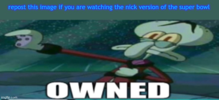 owned | repost this image if you are watching the nick version of the super bowl | image tagged in owned | made w/ Imgflip meme maker