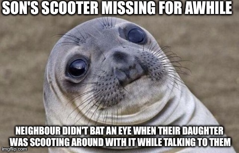 Awkward Moment Sealion | SON'S SCOOTER MISSING FOR AWHILE NEIGHBOUR DIDN'T BAT AN EYE WHEN THEIR DAUGHTER WAS SCOOTING AROUND WITH IT WHILE TALKING TO THEM | image tagged in awkward sealion,AdviceAnimals | made w/ Imgflip meme maker