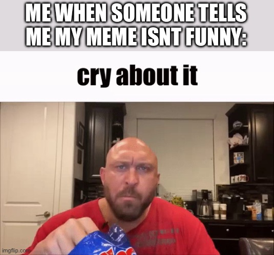 At least I found it funny | ME WHEN SOMEONE TELLS ME MY MEME ISNT FUNNY: | image tagged in cry about it | made w/ Imgflip meme maker