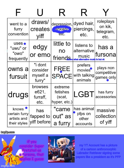 Furry Bingo V2 | dunno what alternative music is but ok; if you consider Super Pretztail as a fursona, that applies I guess; my YT Account has a picture of a cartoon anthromorphic Labrador Retriever signing some papers like a president as it's PFP | image tagged in furry bingo v2 | made w/ Imgflip meme maker