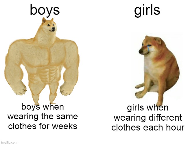 i thought of this | boys; girls; boys when wearing the same clothes for weeks; girls when wearing different clothes each hour | image tagged in memes,buff doge vs cheems,funny | made w/ Imgflip meme maker